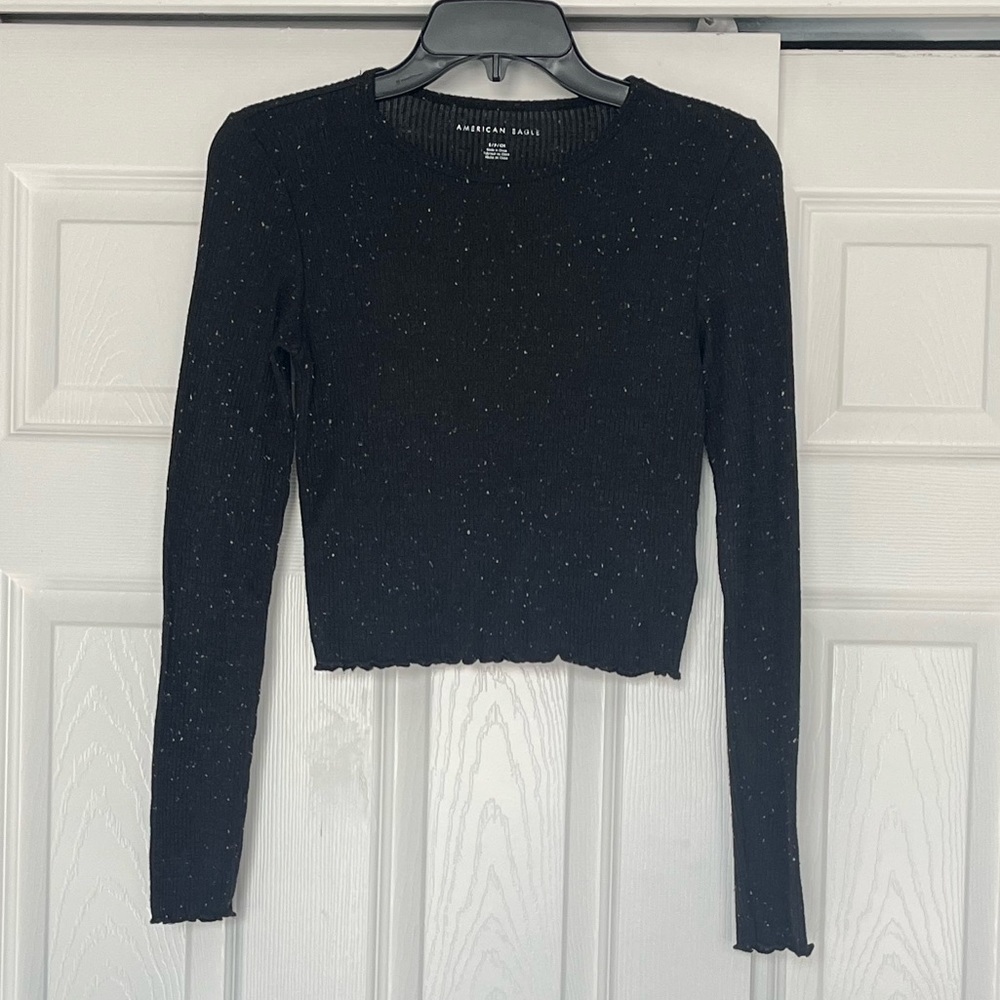 American Eagle Outfitters Black Speckled Long Sleeve Crop Top